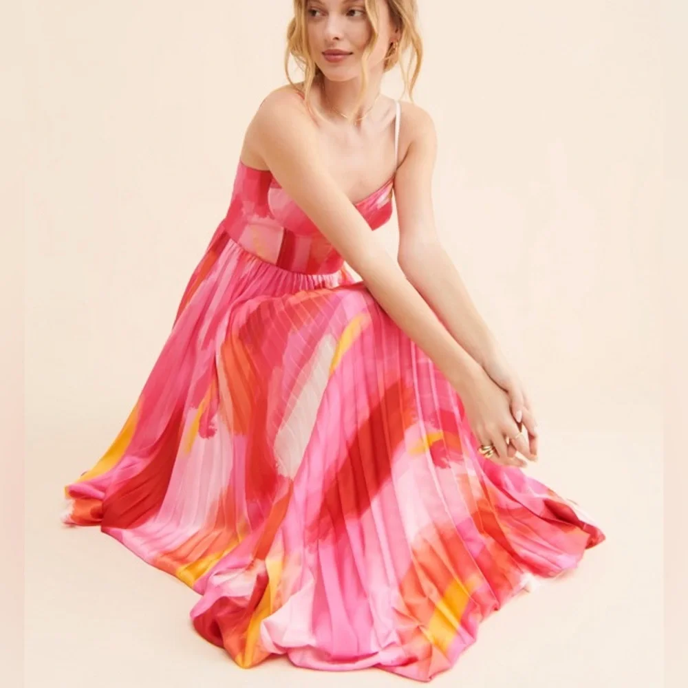 Hutch mali bustier Pink and Orange watercolor pleated Satin Gown - Picture 5 of 12